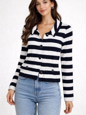 St. John Navy and White Striped Knit Blazer